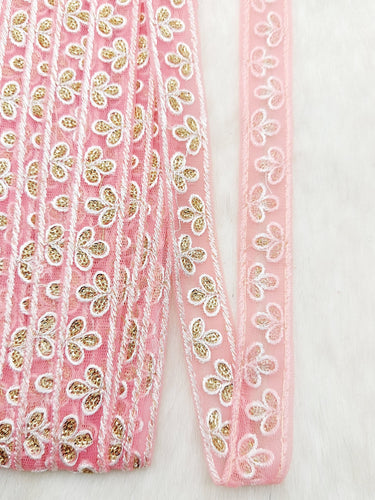 Wholesale Peach Net Lace Floral Embroidery & Glitter Gold Sequins, Indian Wedding Border, Gifting Ribbon Costume Trim Fashion Trimming